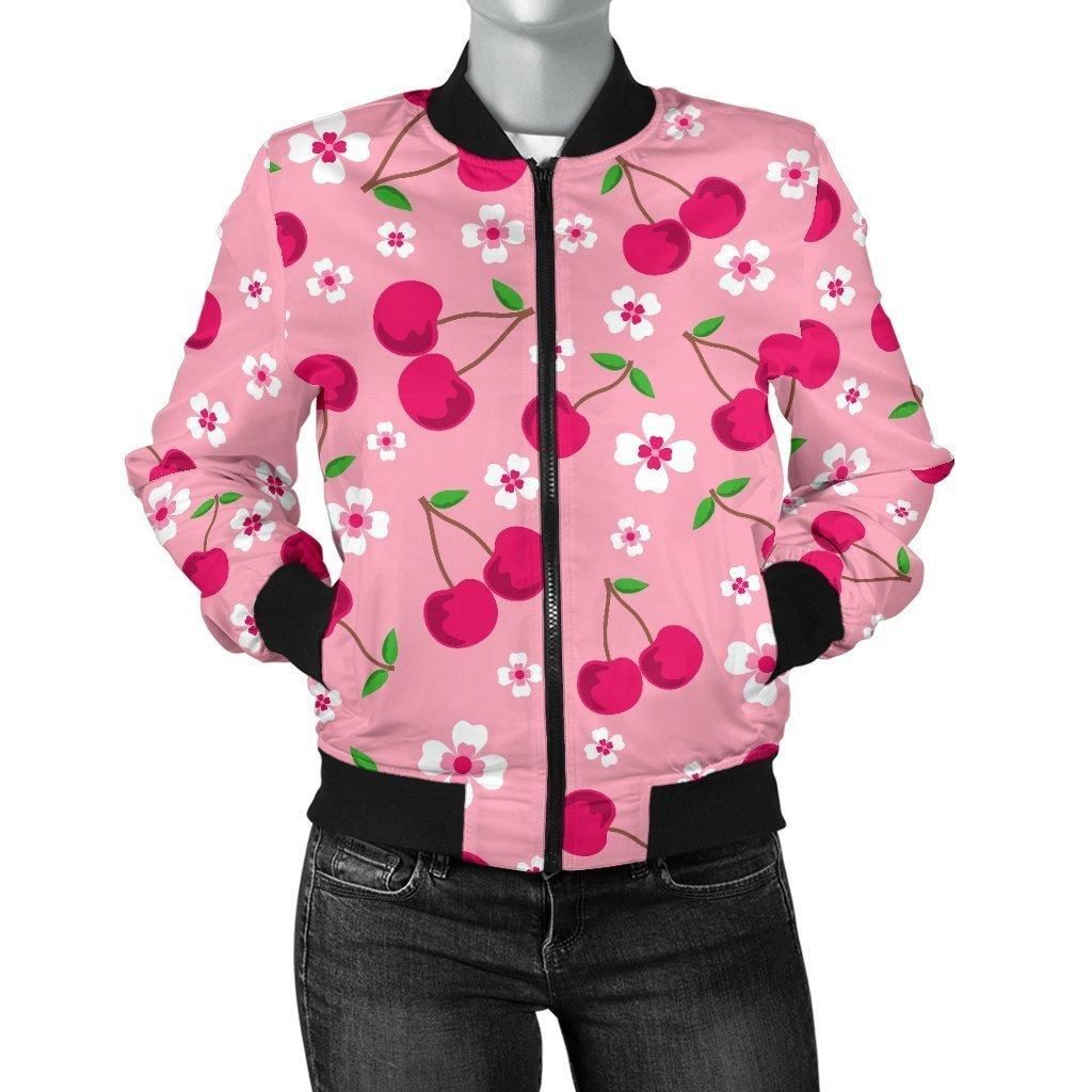 Cherry-Floral-Pattern-Print-Women-Casual-Bomber-Jacket-1