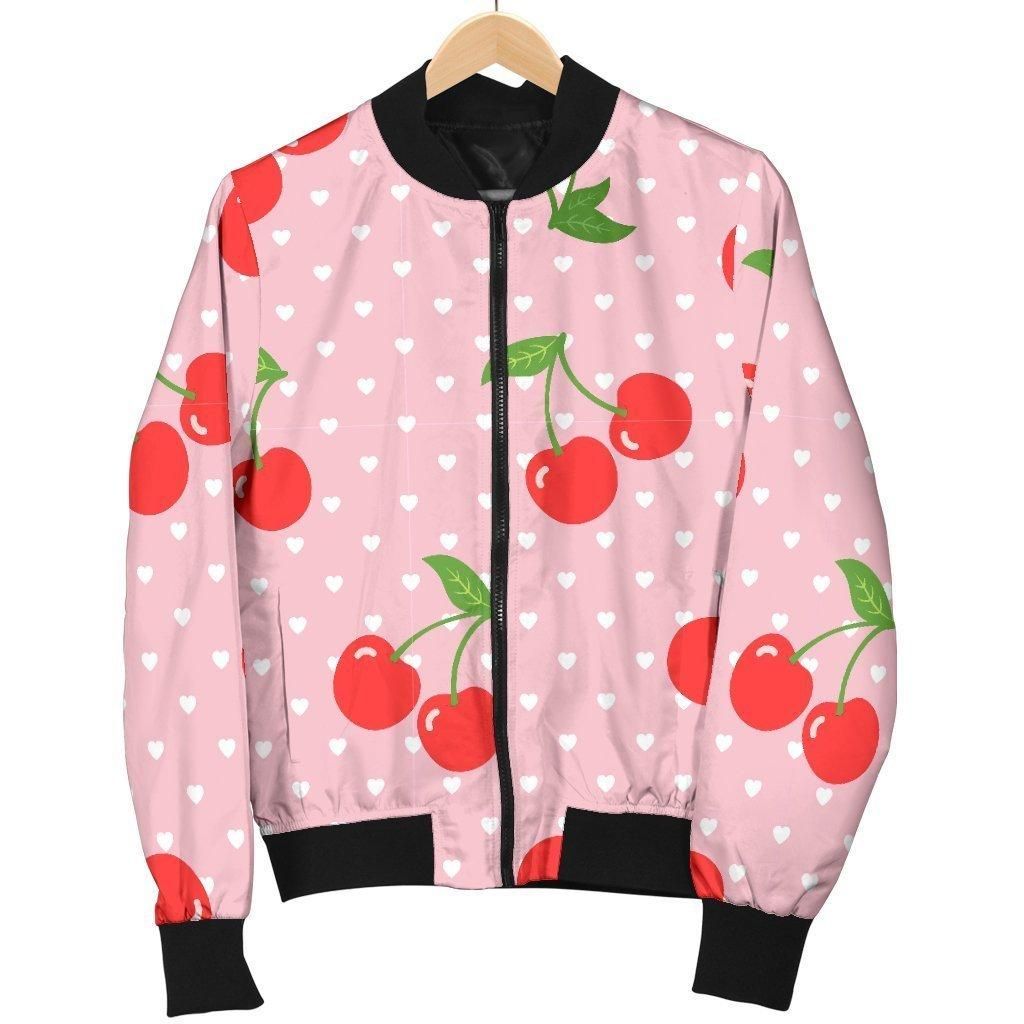 Cherry Heart Dot Pattern Print Women Casual Bomber Jacket Cherry Heart Dot Pattern Print Women Casual Bomber Jacket