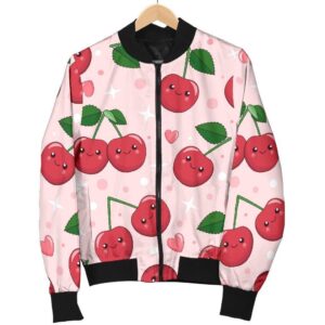 Cherry Print Pattern Women Casual Bomber Jacket