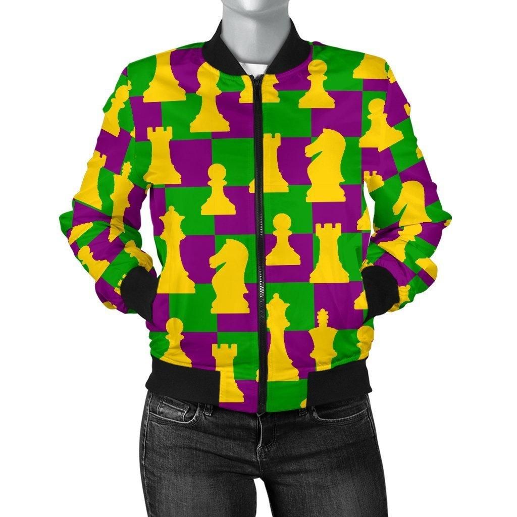 Chess-Color-Pattern-Print-Women-Casual-Bomber-Jacket-1