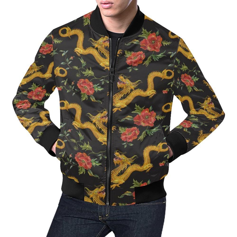 Chinese Dragon Rose Pattern Print Mens Bomber Jacket Chinese Dragon Rose Pattern Print Mens Bomber Jacket