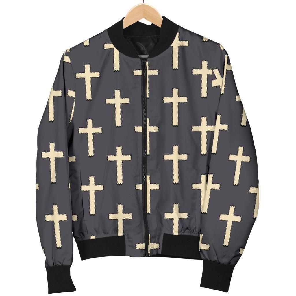 Christian Cross Pattern Print Women Casual Bomber Jacket Christian Cross Pattern Print Women Casual Bomber Jacket