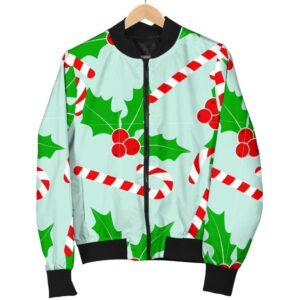 Christmas Candy Cane Pattern Print Women Casual Bomber Jacket