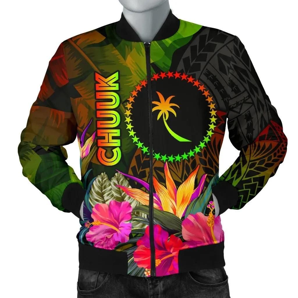 Chuuk Polynesian Men's Bomber Jacket - Hibiscus and Banana Leaves - BN15 Bomber Jacket Chuuk Polynesian Men's Bomber Jacket - Hibiscus and Banana Leaves - BN15 Bomber Jacket