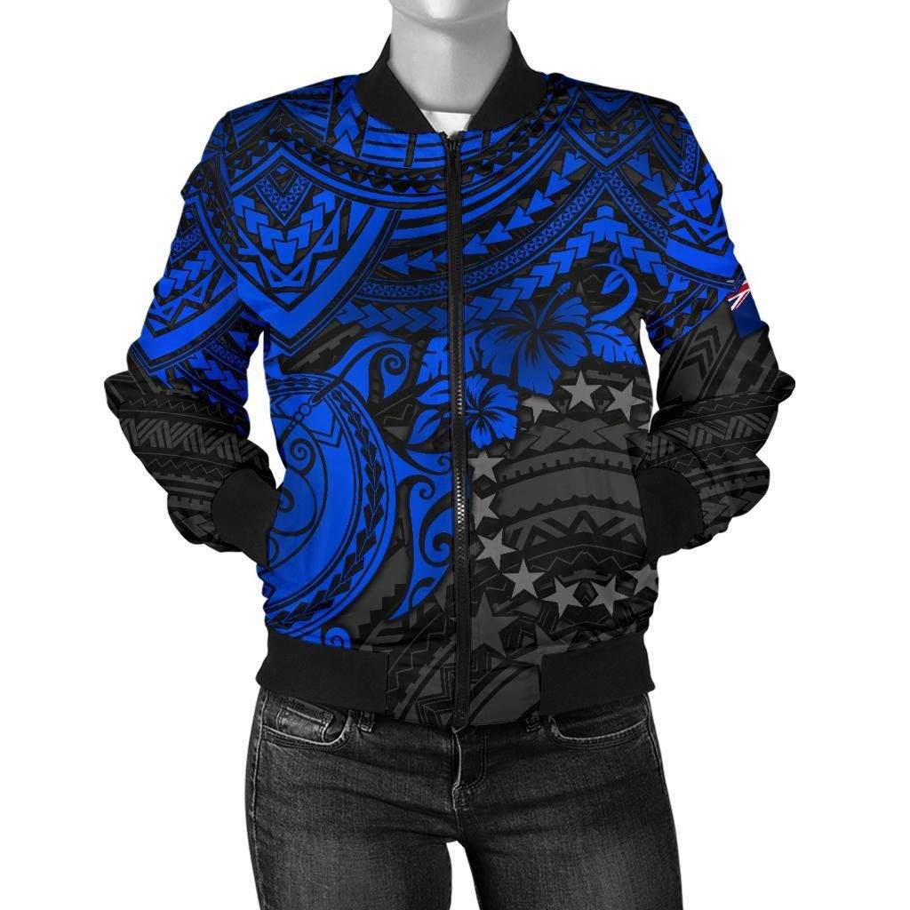 Cook Islands Polynesian Bomber Jacket (Women) - Blue Turtle - BN15 Bomber Jacket Cook Islands Polynesian Bomber Jacket (Women) - Blue Turtle - BN15 Bomber Jacket