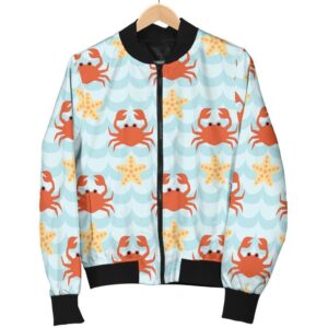 Crab Starfish Pattern Print Women Casual Bomber Jacket