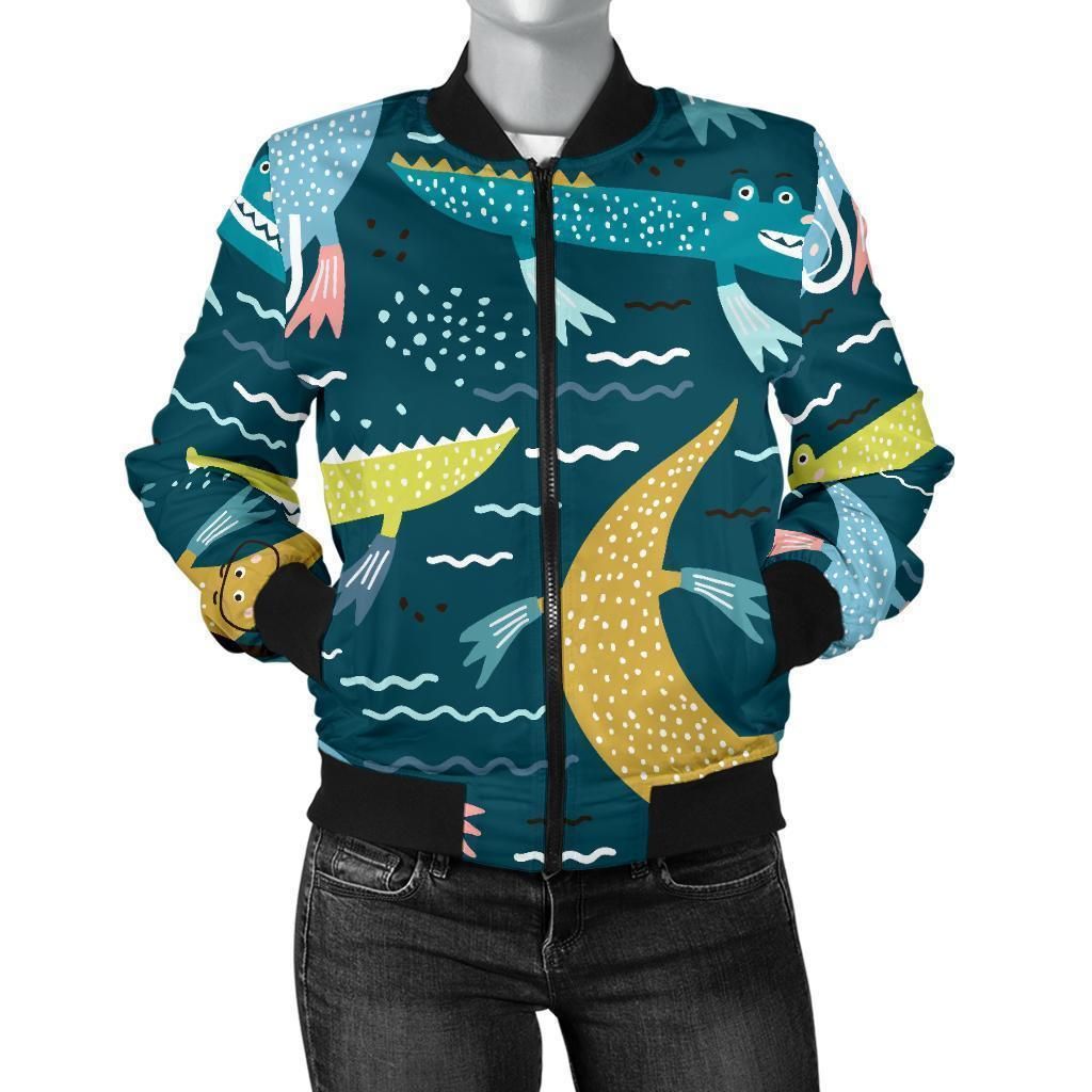 Crocodile-Cartoon-Pattern-Print-Women-Casual-Bomber-Jacket-1