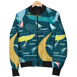 Crocodile Cartoon Pattern Print Women Casual Bomber Jacket