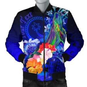 [Custom] Chuuk Men's Bomber Jacket - Humpback Whale with Tropical Flowers (Blue)- BN18 Bomber Jacket