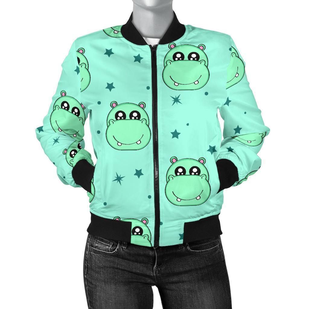 Cute-Hippo-Pattern-Print-Women-Casual-Bomber-Jacket-1