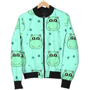 Cute Hippo Pattern Print Women Casual Bomber Jacket