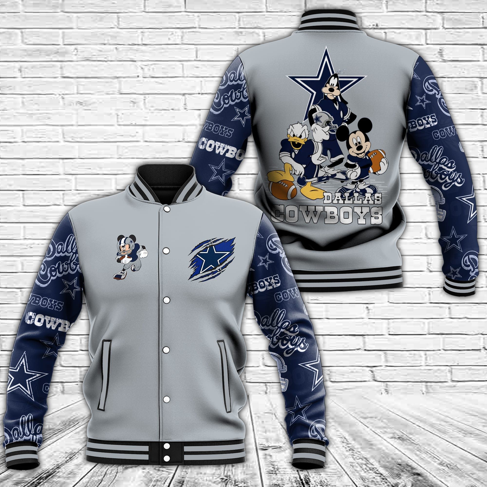 Dallas Cowboys Mickey Mouse Clubhouse 3D Bomber Jacket Dallas Cowboys Mickey Mouse Clubhouse 3D Bomber Jacket