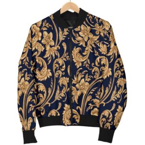 Damask Gold Pattern Print Women Casual Bomber Jacket