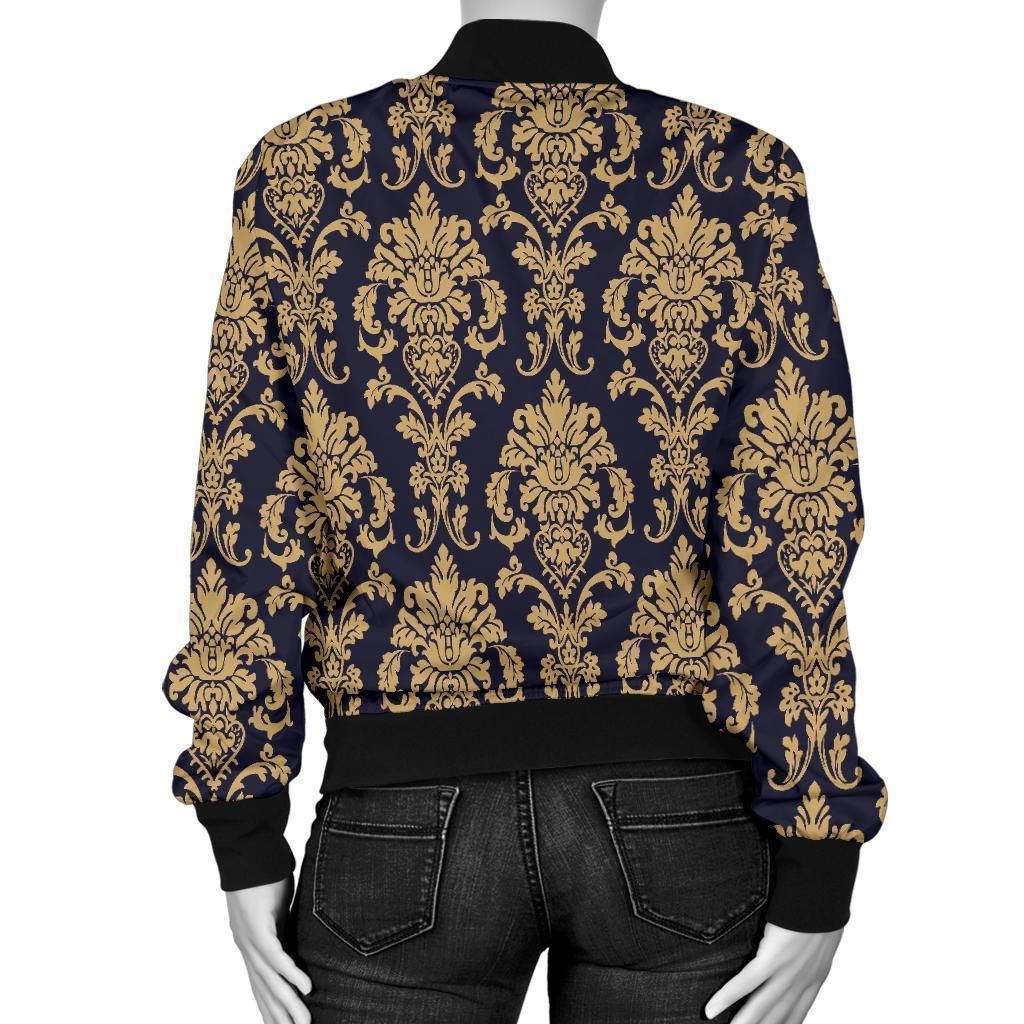 Damask-Gold-Print-Pattern-Women-Casual-Bomber-Jacket-2