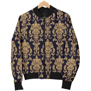 Damask Gold Print Pattern Women Casual Bomber Jacket