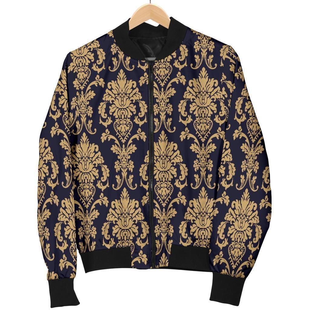 Damask Gold Print Pattern Women Casual Bomber Jacket Damask Gold Print Pattern Women Casual Bomber Jacket