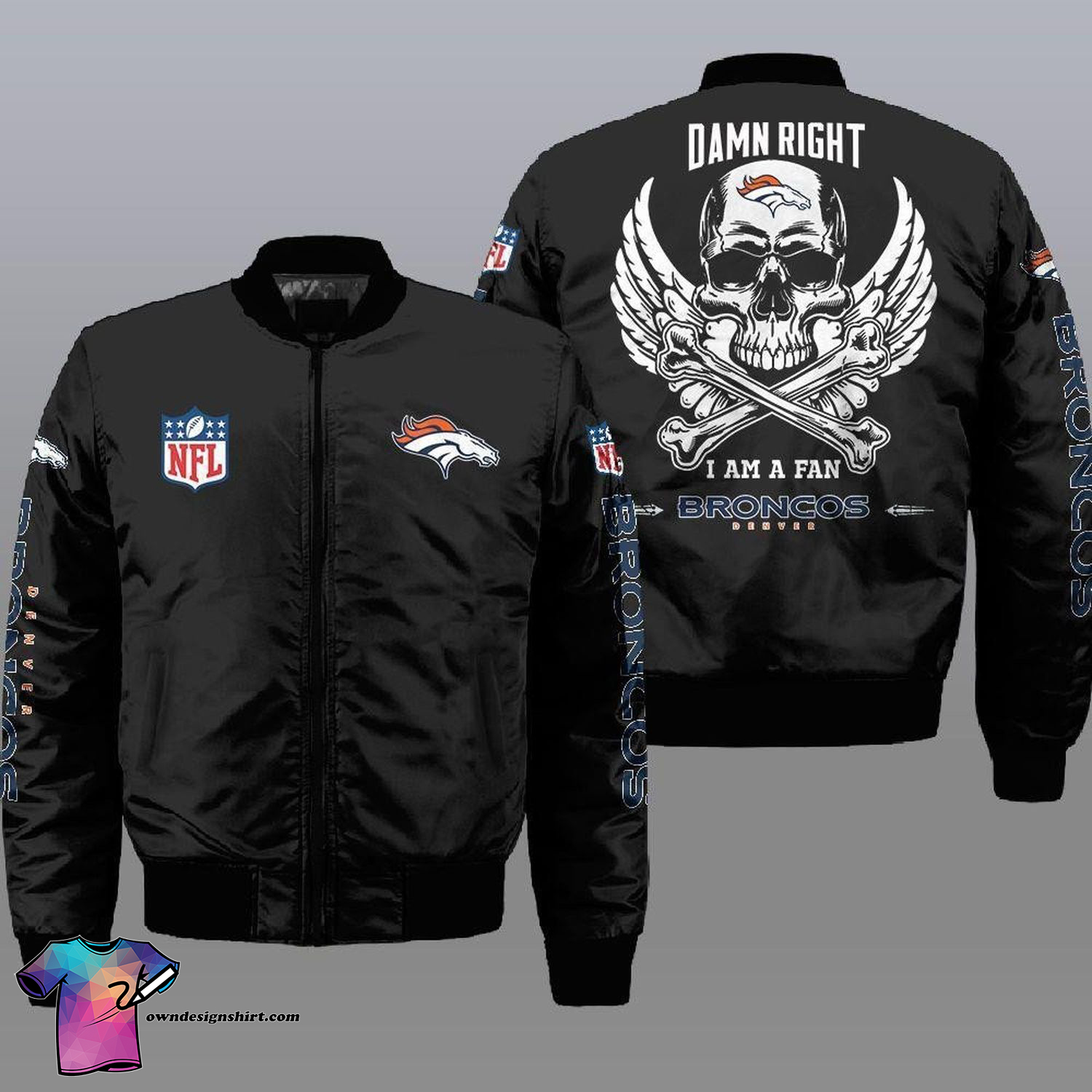 Denver Broncos Black All Over Printed Bomber Jacket Denver Broncos Black All Over Printed Bomber Jacket
