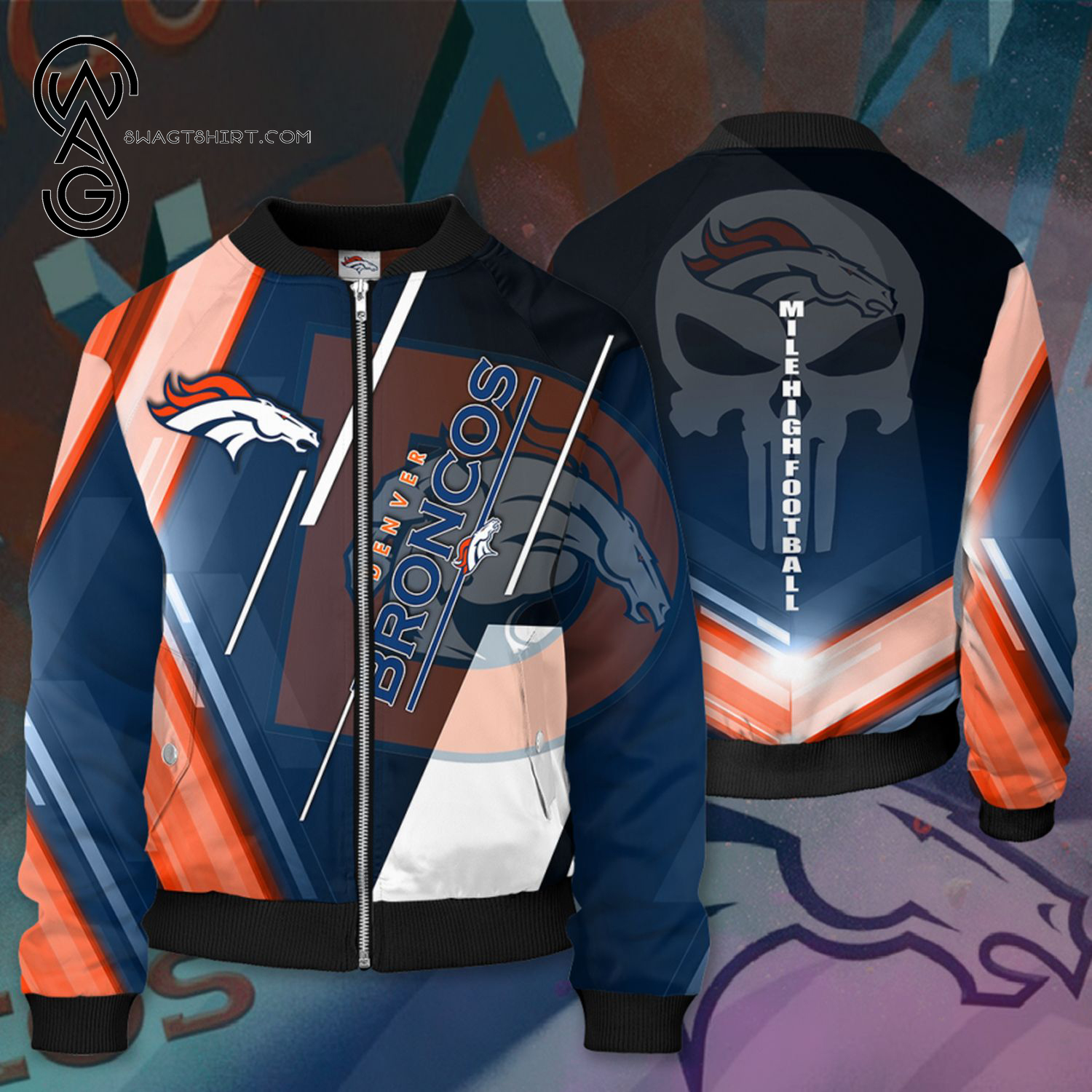 Denver Broncos Skull All Over Printed Bomber Jacket Denver Broncos Skull All Over Printed Bomber Jacket