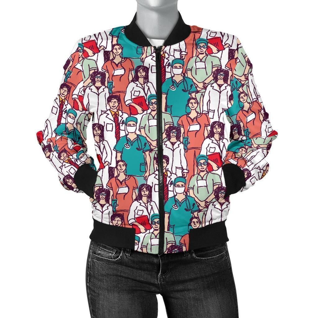 Docter-Nurse-Pattern-Print-Women-Casual-Bomber-Jacket-1