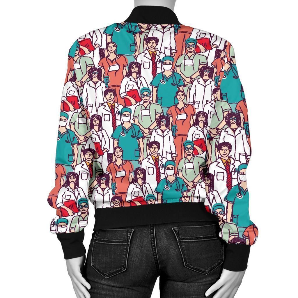 Docter-Nurse-Pattern-Print-Women-Casual-Bomber-Jacket-2