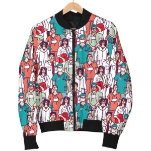 Docter Nurse Pattern Print Women Casual Bomber Jacket