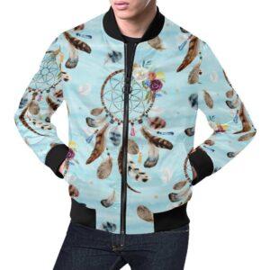 Dream Catcher Blue Feather Pattern Print Mens Bomber Jacket