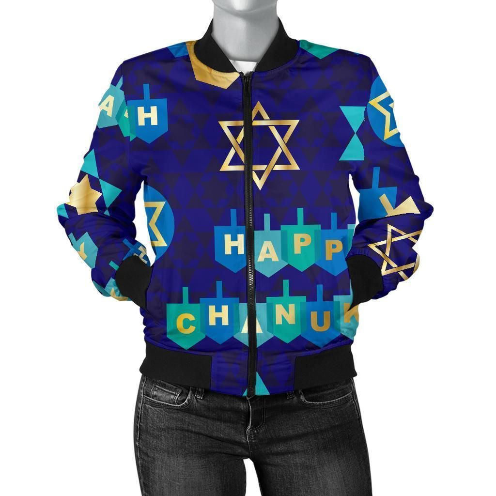 Dreidel-Print-Pattern-Women-Casual-Bomber-Jacket-1