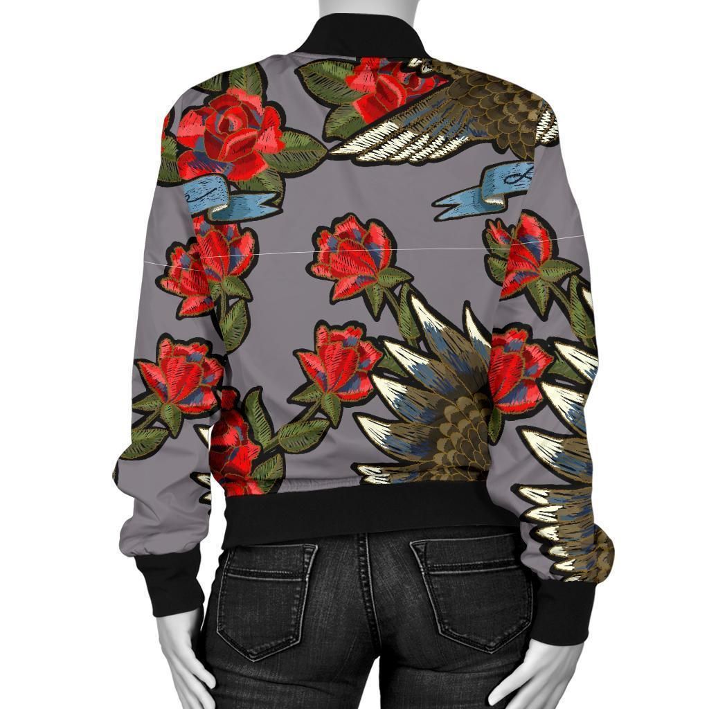 Eagle-Rose-Pattern-Print-Women-Casual-Bomber-Jacket-2