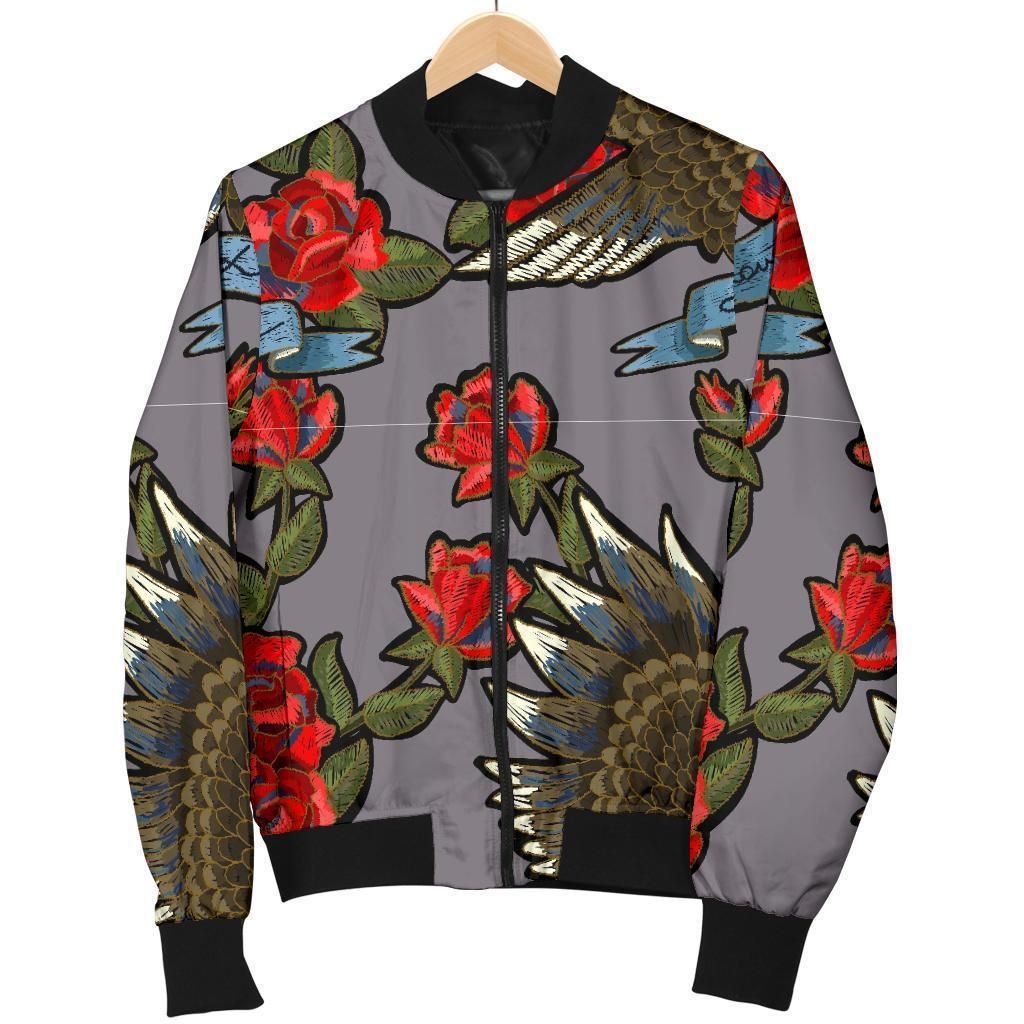 Eagle Rose Pattern Print Women Casual Bomber Jacket Eagle Rose Pattern Print Women Casual Bomber Jacket