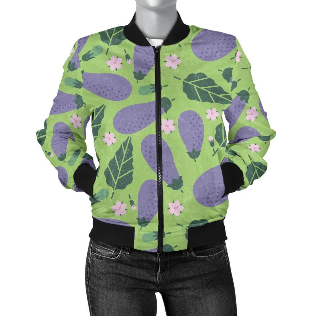 Eggplant-Cute-Pattern-Print-Women-Casual-Bomber-Jacket-1