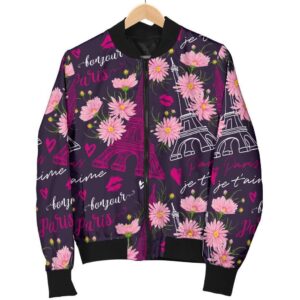 Eiffel Tower Floral Pattern Print Women Casual Bomber Jacket
