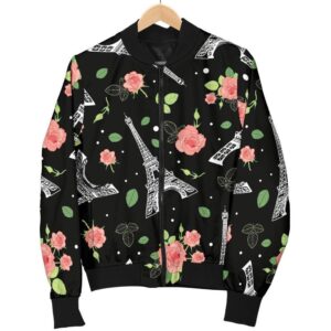 Eiffel Tower Floral Print Pattern Women Casual Bomber Jacket