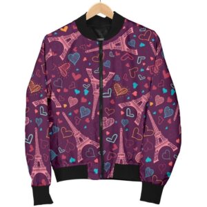 Eiffel Tower Heart Pattern Print Women Casual Bomber Jacket