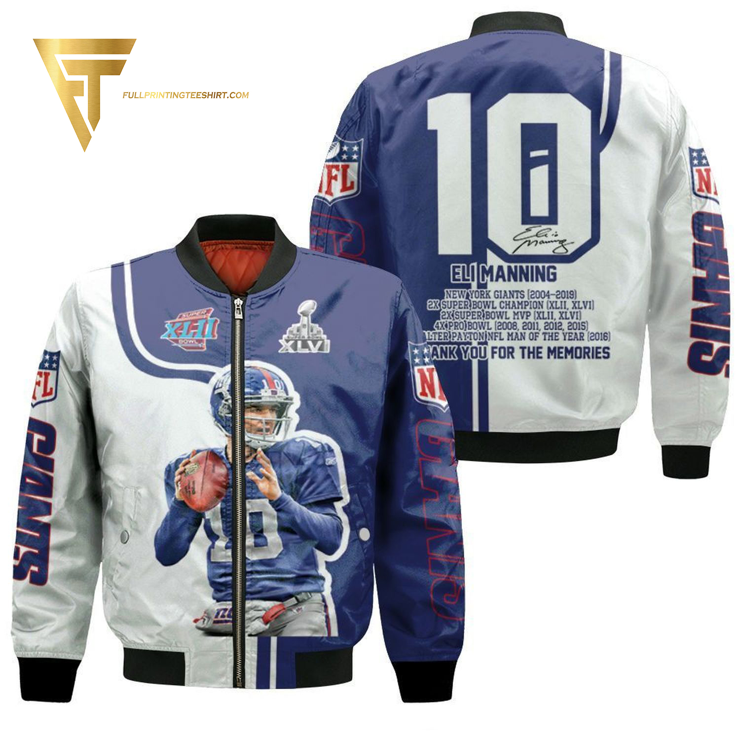 Eli Manning New York Giants Full Printing Bomber Jacket Eli Manning New York Giants Full Printing Bomber Jacket