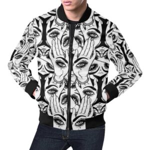 Evil Eye Hamsa Hand Pattern Print Mens Bomber Jacket