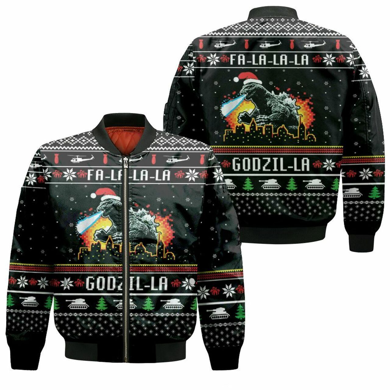 Fa La La Godzi La Godzila Christmas 3D T Shirt Hoodie Sweater Bomber Jacket Model 2078 Bomber Jacket Fa La La Godzi La Godzila Christmas 3D T Shirt Hoodie Sweater Bomber Jacket Model 2078 Bomber Jacket