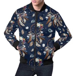 Feather Dream Catcher Blue Boho Pattern Print Mens Bomber Jacket