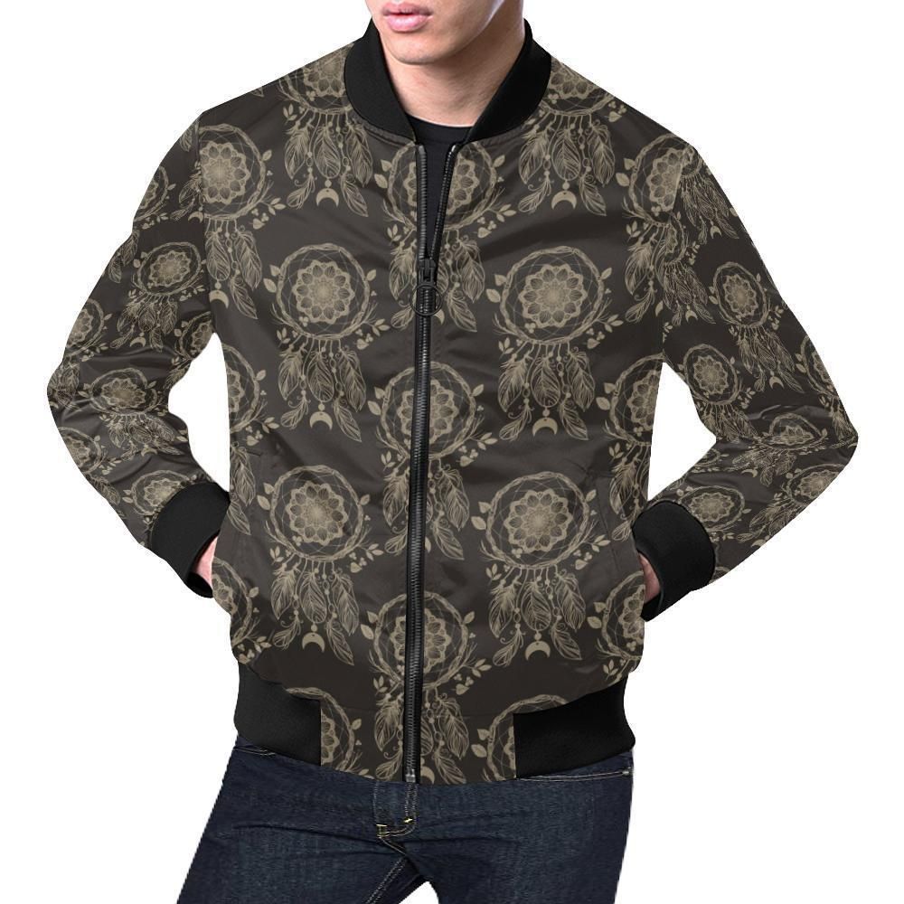Feather Vintage Dream Catcher Pattern Print Mens Bomber Jacket Feather Vintage Dream Catcher Pattern Print Mens Bomber Jacket