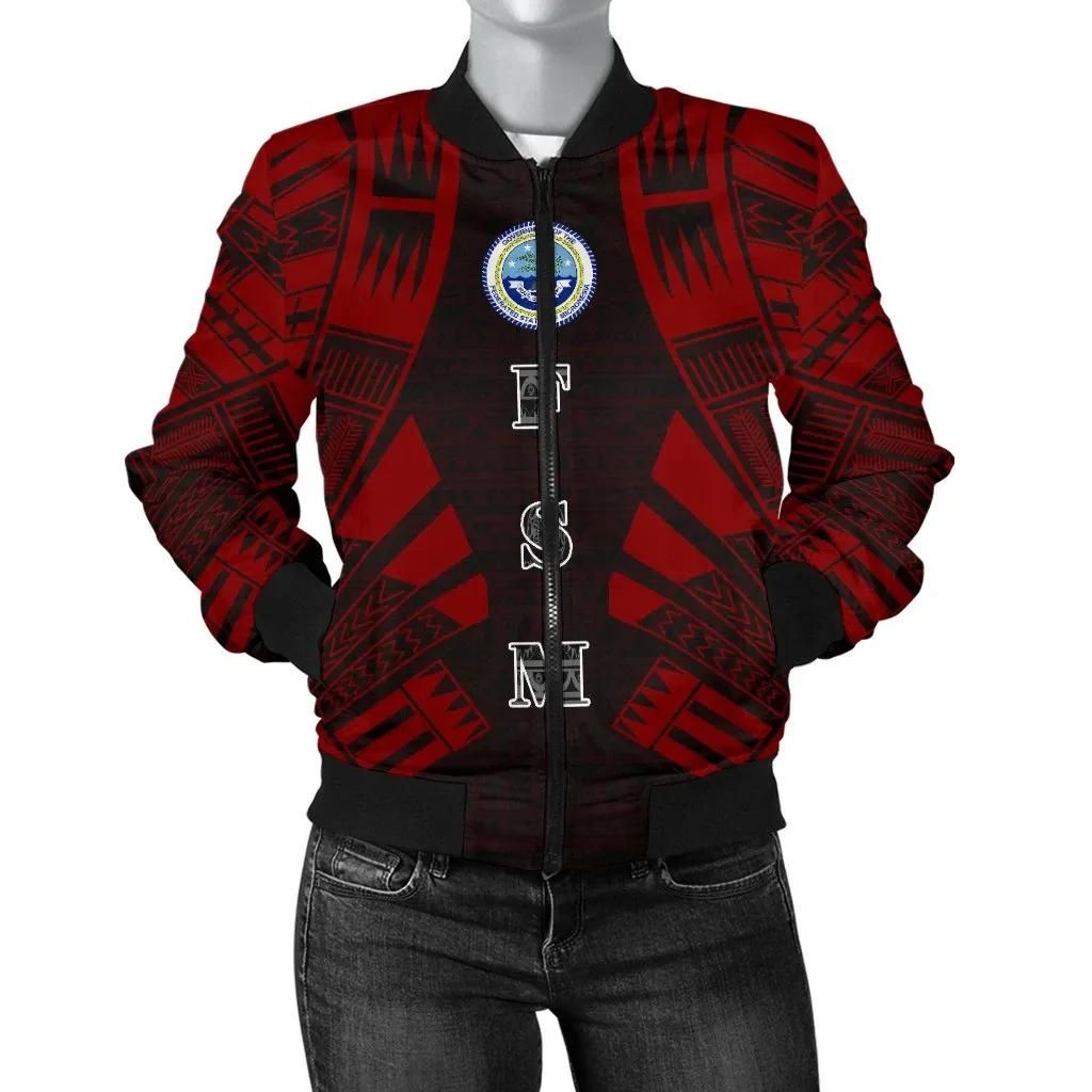 Federated States Of Micronesia Women Bomber Jacket - Polynesian Tattoo Red - BN0110 Federated States Of Micronesia Women Bomber Jacket - Polynesian Tattoo Red - BN0110