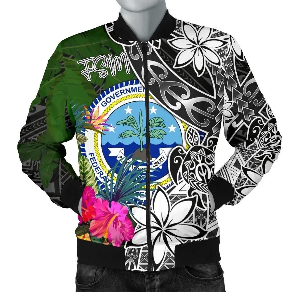 Federated States of Micronesia Men Bomber Jacket - Turtle Plumeria Banana Leaf - BN11 Bomber Jacket Federated States of Micronesia Men Bomber Jacket - Turtle Plumeria Banana Leaf - BN11 Bomber Jacket