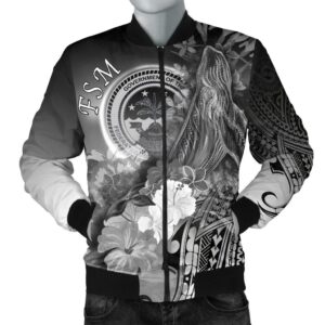 Federated States of Micronesia Men's Bomber Jackets - Humpback Whale with Tropical Flowers (White)- BN18 Bomber Jacket