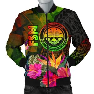Federated States of Micronesia Polynesian Men's Bomber Jacket -  Hibiscus and Banana Leaves - BN15 Bomber Jacket