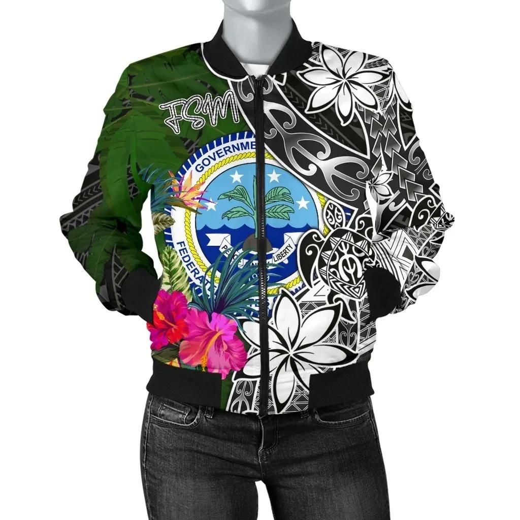 Federated States of Micronesia Women Bomber Jacket - Turtle Plumeria Banana Leaf - BN11 Bomber Jacket Federated States of Micronesia Women Bomber Jacket - Turtle Plumeria Banana Leaf - BN11 Bomber Jacket