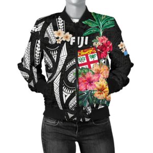 Fiji Women's Bomber Jacket Coat Of Arms Polynesian With Hibiscus TH5 Bomber Jacket