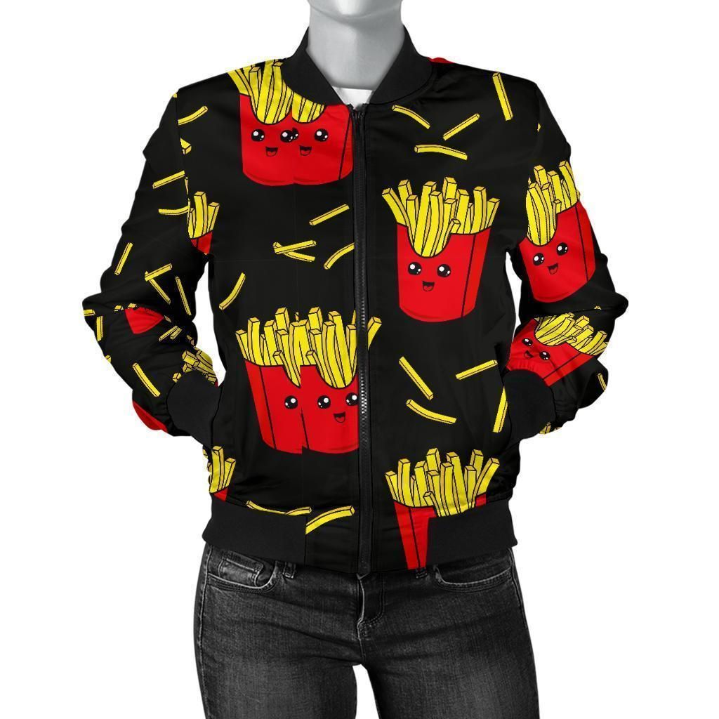 French-Fries-Cartoon-Print-Pattern-Women-Casual-Bomber-Jacket-1