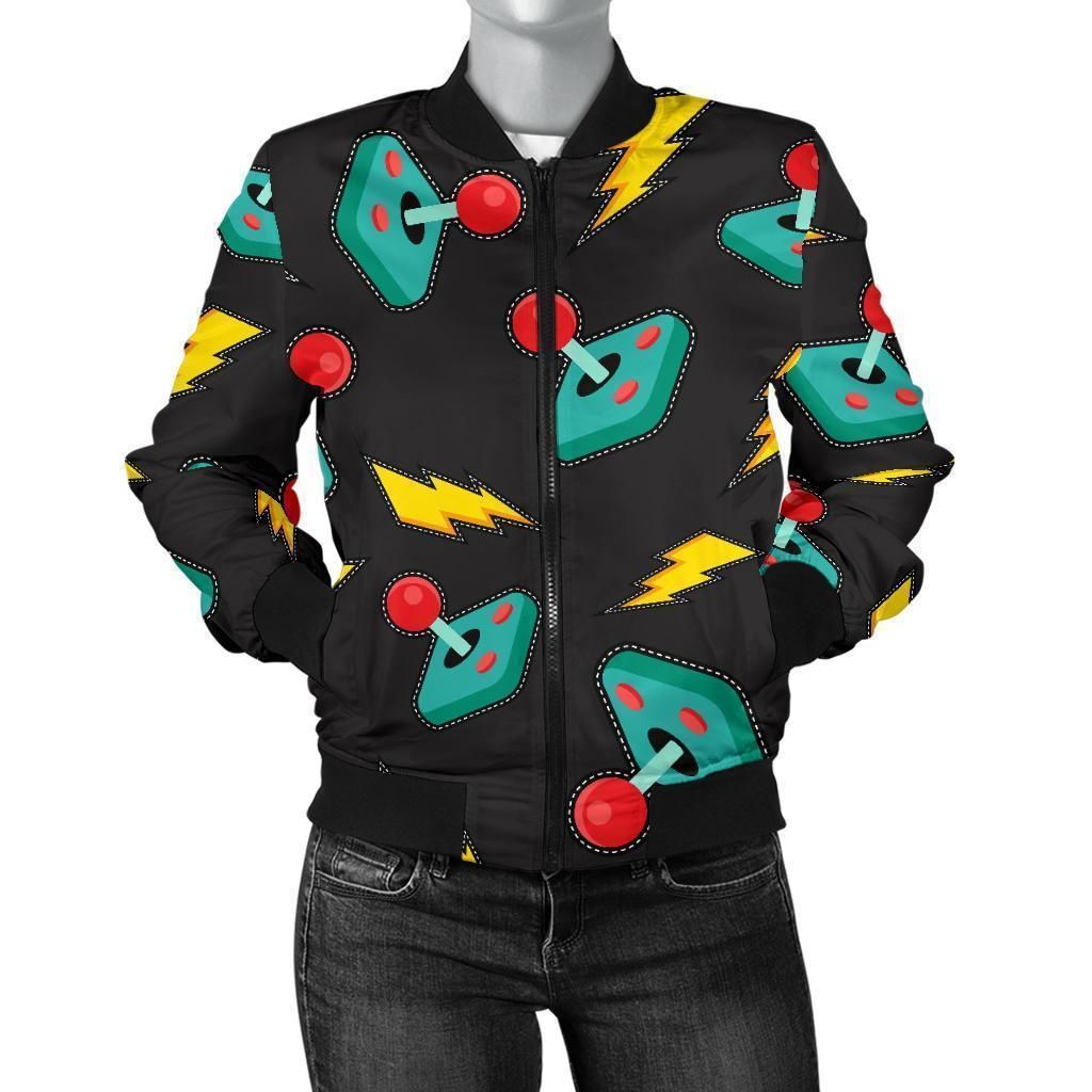 Gaming-Joystick-Pattern-Print-Women-Casual-Bomber-Jacket-1