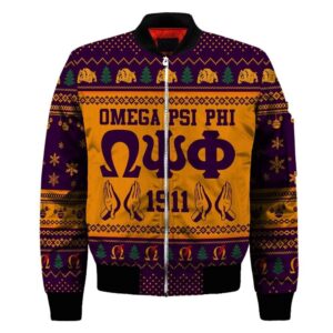 Getteestore Jacket - Omega Psi Phi Handsign Christmas Sleeve Zip Bomber Jacket A31 Bomber Jacket