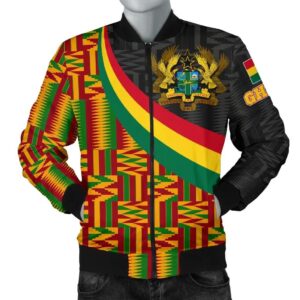Ghana Men's Bomber Jacket - Ghana Coat Of Arms and Kente Patterns - BN18 Bomber Jacket