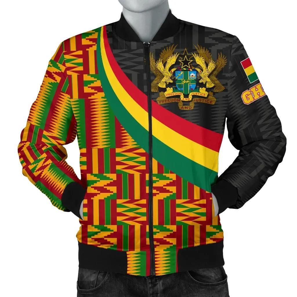 Ghana Men's Bomber Jacket - Ghana Coat Of Arms and Kente Patterns - BN18 Bomber Jacket Ghana Men's Bomber Jacket - Ghana Coat Of Arms and Kente Patterns - BN18 Bomber Jacket