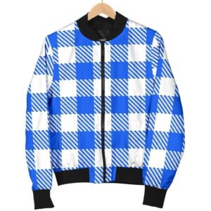 Gingham Blue Pattern Print Women Casual Bomber Jacket